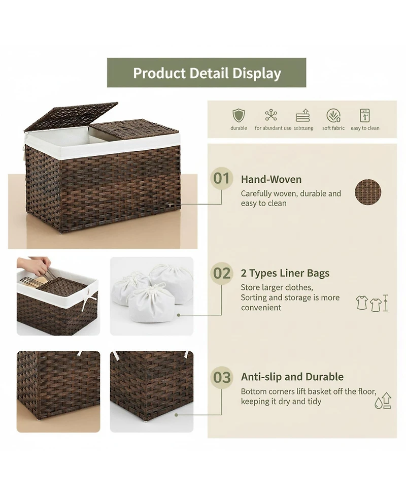 Yigii Storage Basket With Lid Woven Wicker 2 Bins 92 Gallon Foldable Removable Liners For Bedroom Laundry Room