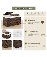 Yigii Storage Basket With Lid Woven Wicker 2 Bins 92 Gallon Foldable Removable Liners For Bedroom Laundry Room