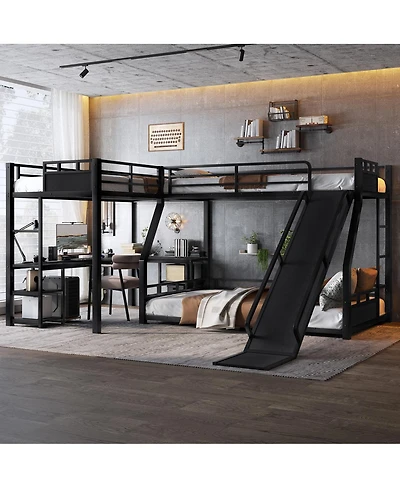Streamdale Furniture L-Shaped Metal Triple Bunk Bed w/ Desk, Storage, Usb, Slide