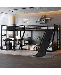 Streamdale Furniture L-Shaped Metal Triple Bunk Bed w/ Desk, Storage, Usb, Slide