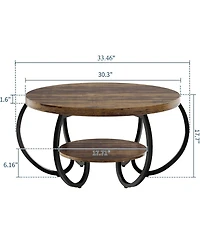 gaomon 30" Round Farmhouse 2-Tier Wood Coffee Table with Storage Shelf and Curved Metal Legs.