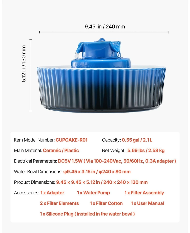 Sugift Ceramic Cat Water Fountain 2.1L Ultra-Quiet with Multi-Layer Filtration
