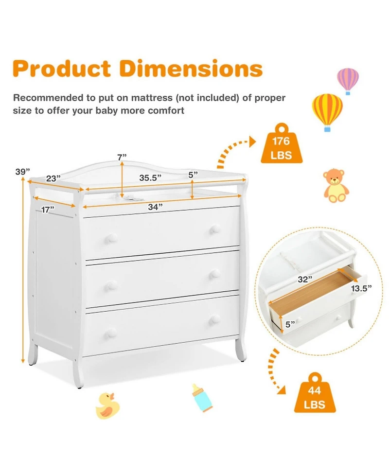 Gouun Baby Changing Table with 3 Storage Drawers and Safety Belt