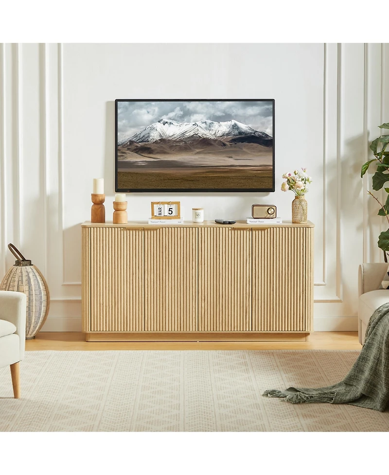 Rainsken Curved Wave Design Sideboard, Modern 4-Door Storage Buffet Cabinet with Vertical Stripes and Gold Accent Handles for Living Room