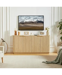 Rainsken Curved Wave Design Sideboard, Modern 4-Door Storage Buffet Cabinet with Vertical Stripes and Gold Accent Handles for Living Room