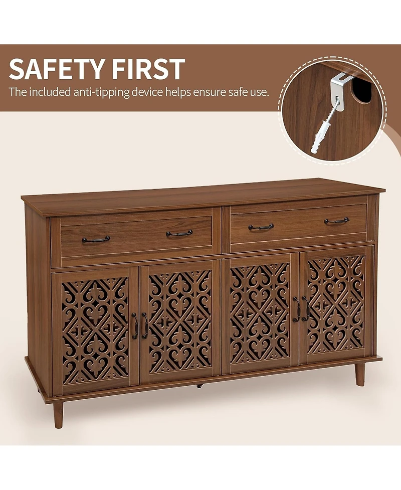 Rainsken Vintage Sideboard Buffet Cabinet, Entryway 4 Doors Storage Cabinet with Hand-Carved Hollow Doors, 2 Drawers and Metal Handles for Living Room