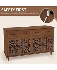 Rainsken Vintage Sideboard Buffet Cabinet, Entryway 4 Doors Storage Cabinet with Hand-Carved Hollow Doors, 2 Drawers and Metal Handles for Living Room