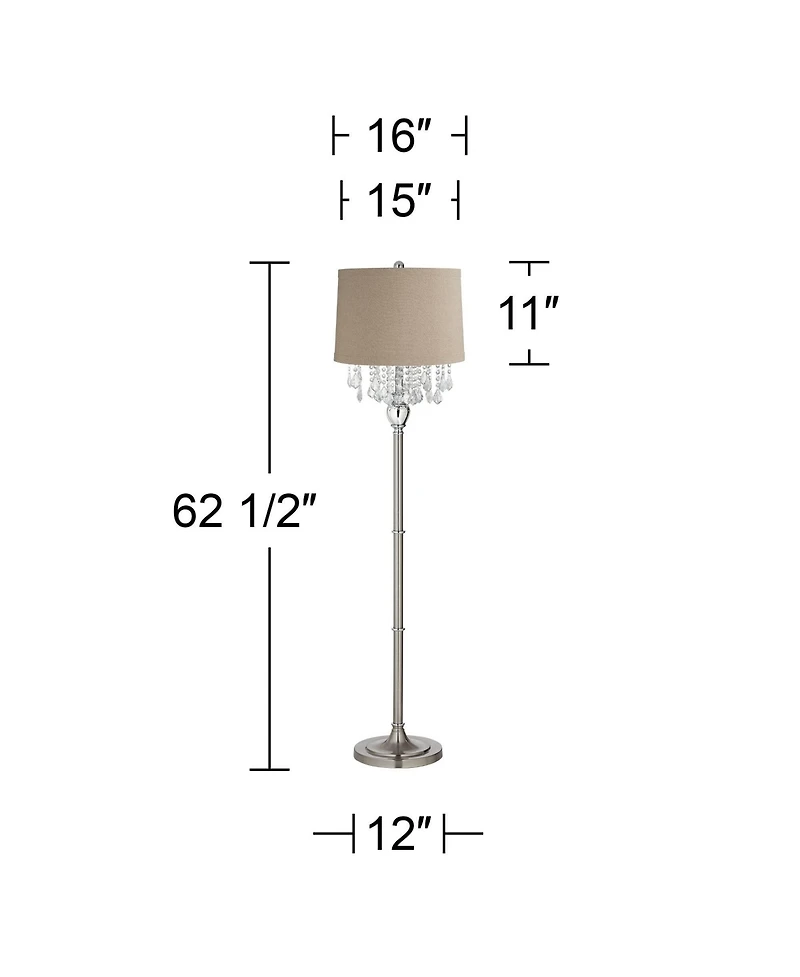 360 Lighting Chandelier Floor Lamp 62.5" Tall Brushed Nickel Chrome Crystals Linen Fabric Drum Shade for Living Room Reading Bedroom