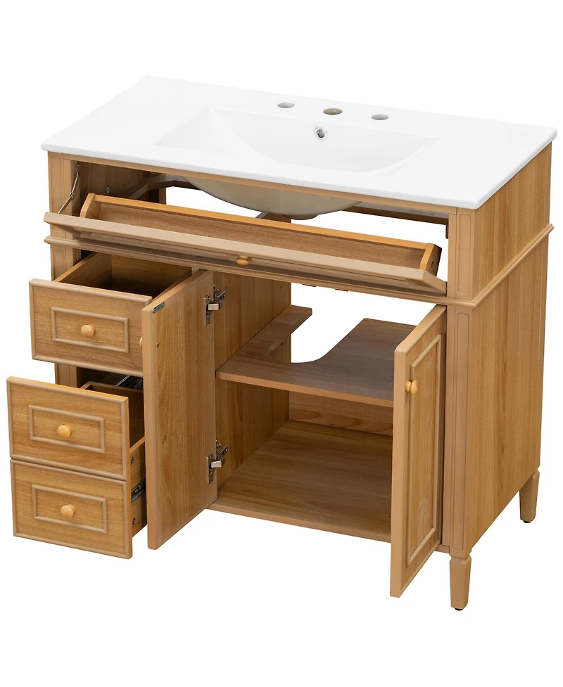 Busdays 36" Solid Wood Bathroom Vanity with Sink, 3 Drawers and 2 Soft-Close Doors, Rubber Wood Handles, Mdf Construction