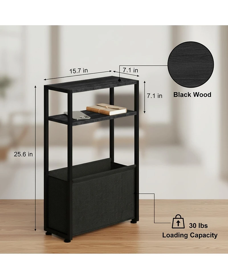 Yigii Narrow Side Table Slim End With Fabric Basket Compact Storage Sturdy Adjustable Feet Easy Assemble