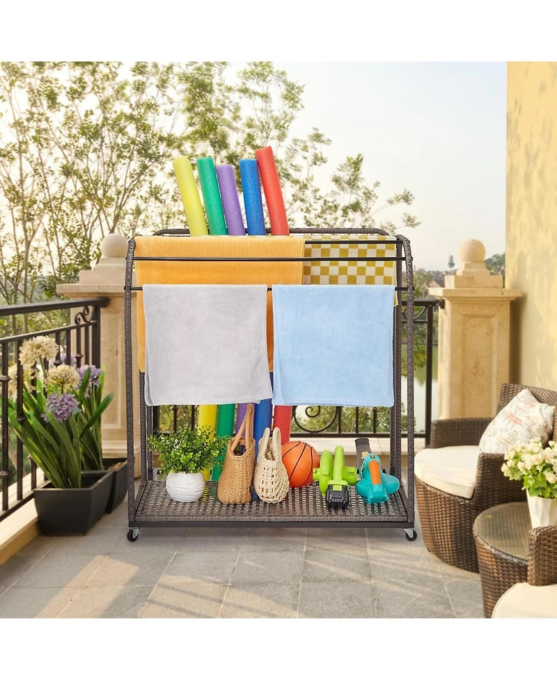 gaomon Outdoor Pool Towel Rack with 5 Bars, Durable Pe Rattan and Steel, Trapezoid Design, Caster Wheels, Versatile Storage