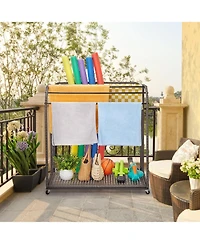 gaomon Outdoor Pool Towel Rack with 5 Bars, Durable Pe Rattan and Steel, Trapezoid Design, Caster Wheels, Versatile Storage