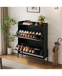 Rainsken Freestanding Rattan Storage Cabinet, Slim Shoe Organizer Featuring 2 Flip Drawers and Sturdy Metal Legs for Entryway