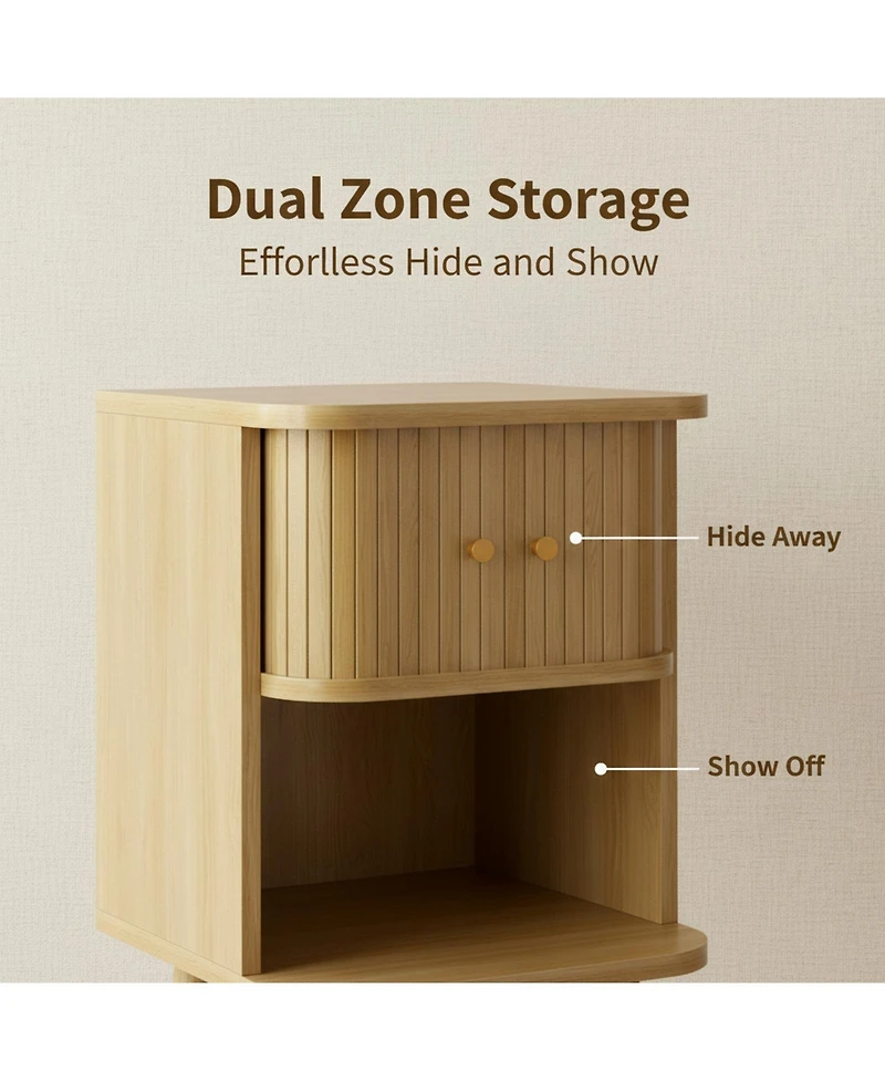 Yigii Set of 2 Fluted Nightstands Mid Century Modern Bedside Tables with Charging Station Storage Sliding Doors Open Shelf