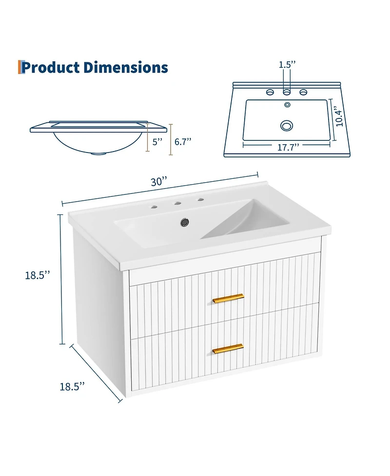 homfan Floating Bathroom Vanity with Sink and Drawers - Wall Mounted Modern Cabinet, Resin Combo, Water-Resistant Cabinet