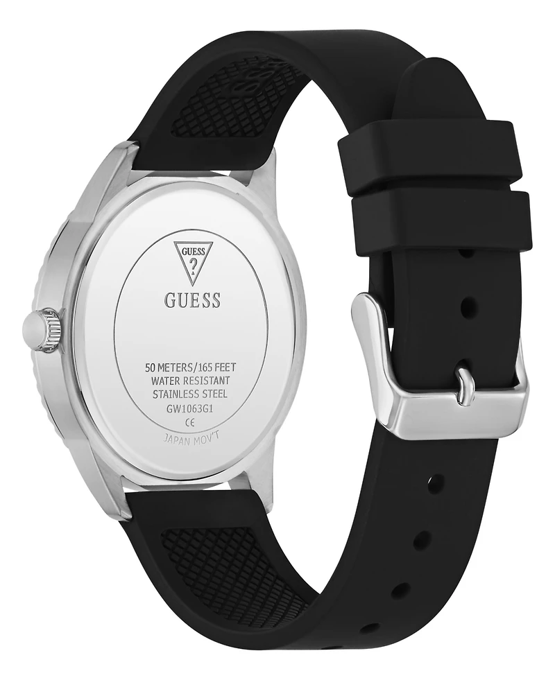 Guess Men's Silver-Tone Stainles Steel Black Silicone Analog Watch, 40mm