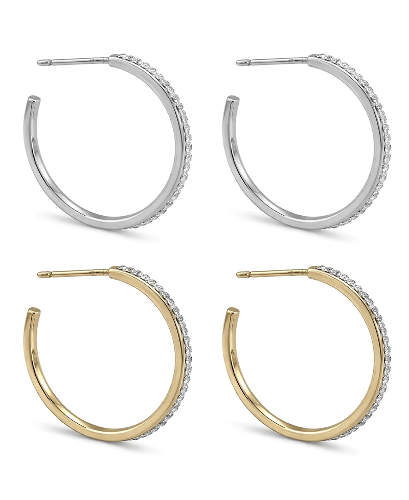 And Now This High Polished Clear Crystal Duo C Hoop Earring Pair, Gold Plate and Silver Plate