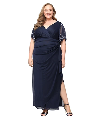 Alex Evenings Plus Embellished-Sleeve Draped Chiffon Gown
