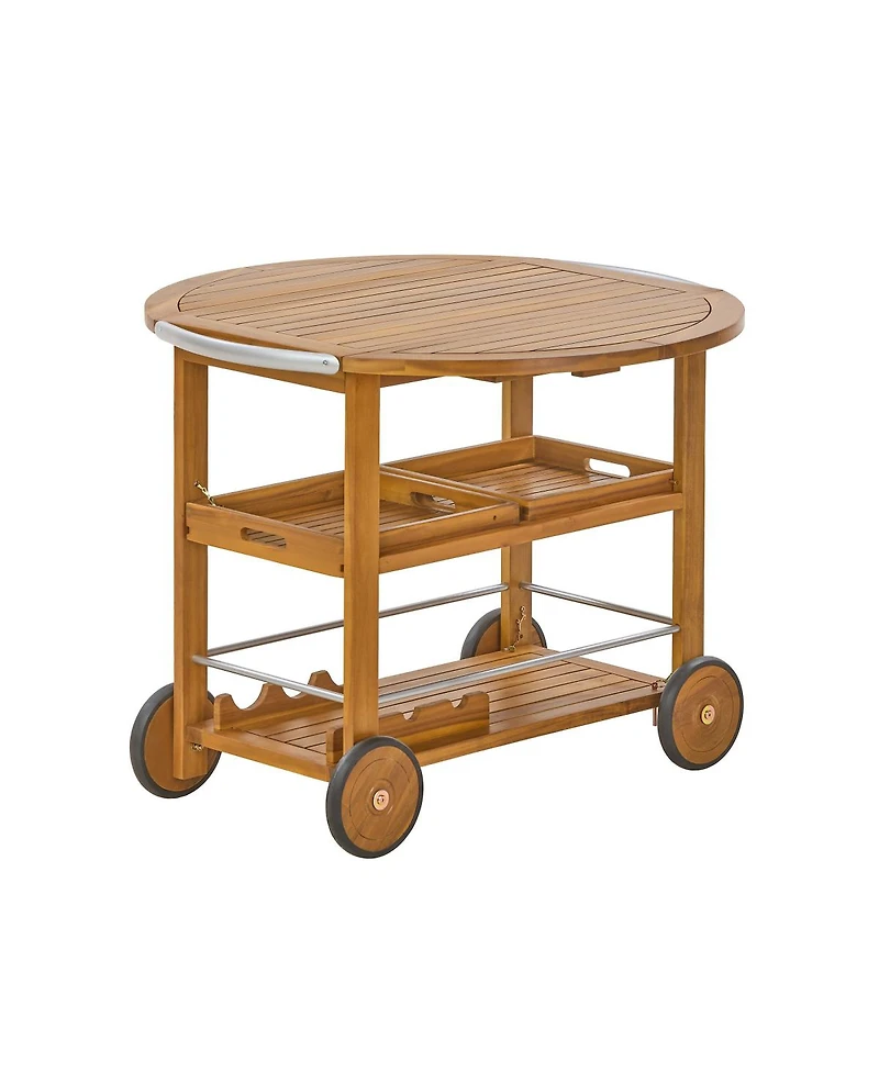 Streamdale Furniture Acacia Wood Bar Cart Foldable Top and Trays, Rolling Patio Server