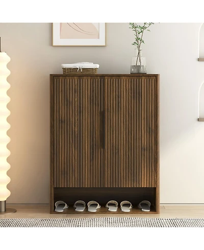 Rainsken 4-Tier Wooden Shoe Cabinet with Enclosed Doors and Adjustable Shelves, Freestanding Shoe Organizer for Entryway, Hallway and Living Room