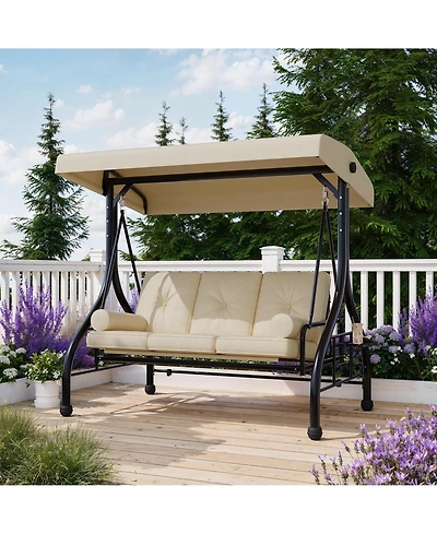 Homfan 3-seat porch swing with stand, adjustable canopy, 800 lb capacity, cup holder tray, cushions and pillows for outdoor patios.