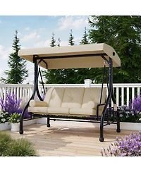 Homfan 3-seat porch swing with stand, adjustable canopy, 800 lb capacity, cup holder tray, cushions and pillows for outdoor patios.