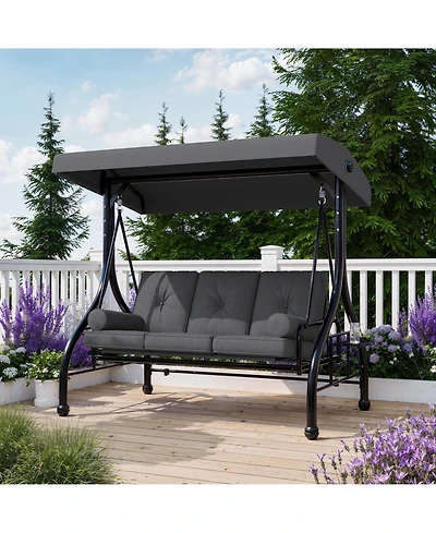 Homfan 3-seat porch swing with stand, adjustable canopy, 800 lb capacity, cup holder tray, cushions and pillows for outdoor patios.