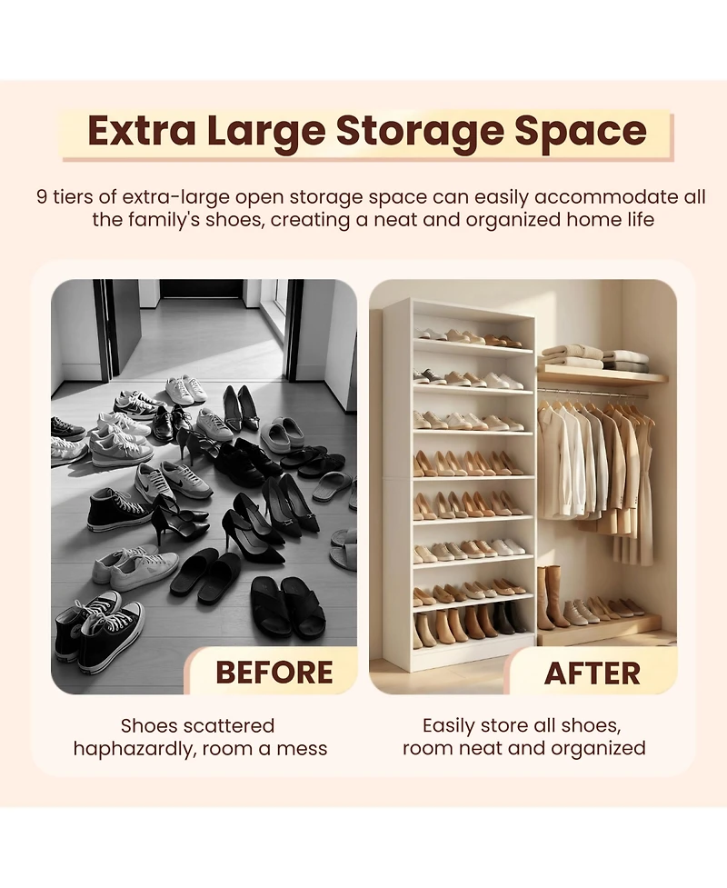 Rainsken 9 Tier Tall Shoe Cabinet, Large Wood Shoe Storage Organizer with Adjustable Shelves and Open Storage for Entryway, Hallway, Living Room