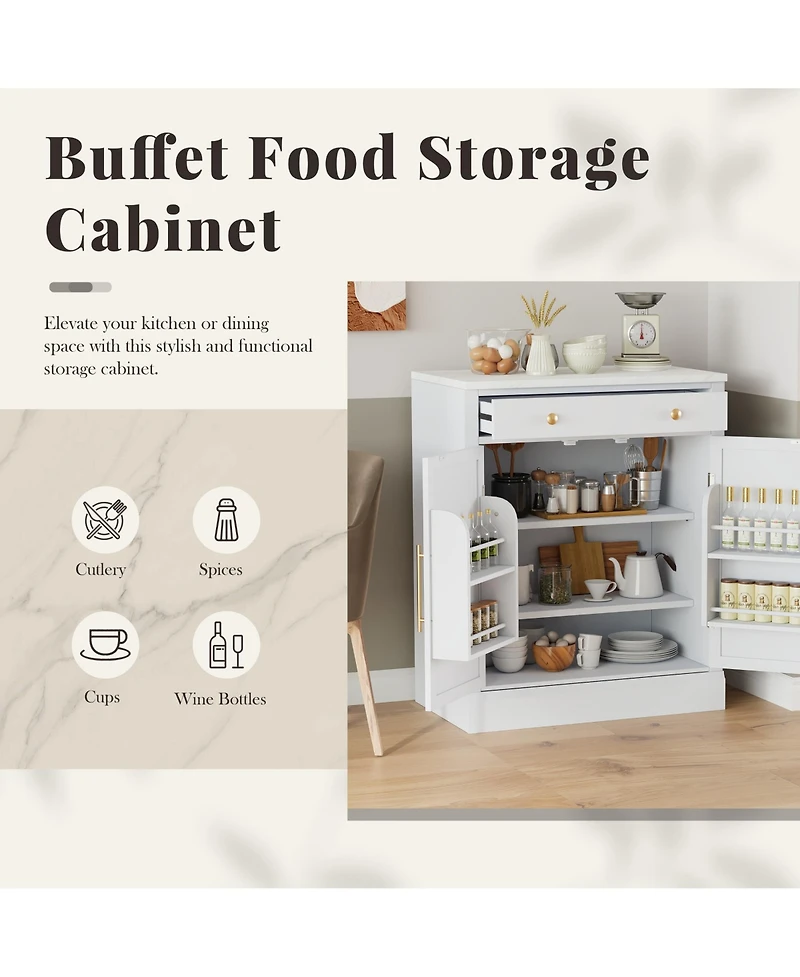 Rainsken Modern Kitchen Pantry, Buffet Food Storage, Coffee Bar Cabinet with Drawer, 2 Adjustable Shelves and 2 Door Shelves for Dining Room