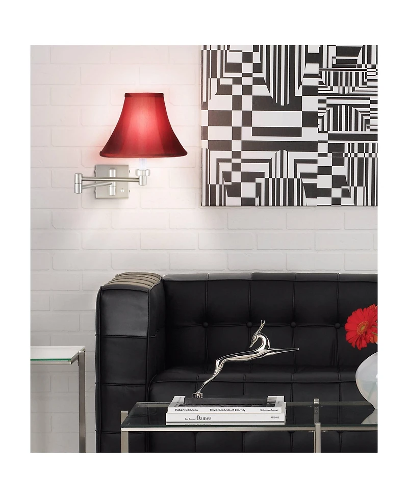 Possini Euro Design Modern Swing Arm Wall Lamp Brushed Nickel Plug-In Light Fixture Deep Red Dupioni Silk Bell Shade for Bedroom