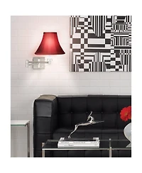 Possini Euro Design Modern Swing Arm Wall Lamp Brushed Nickel Plug-In Light Fixture Deep Red Dupioni Silk Bell Shade for Bedroom