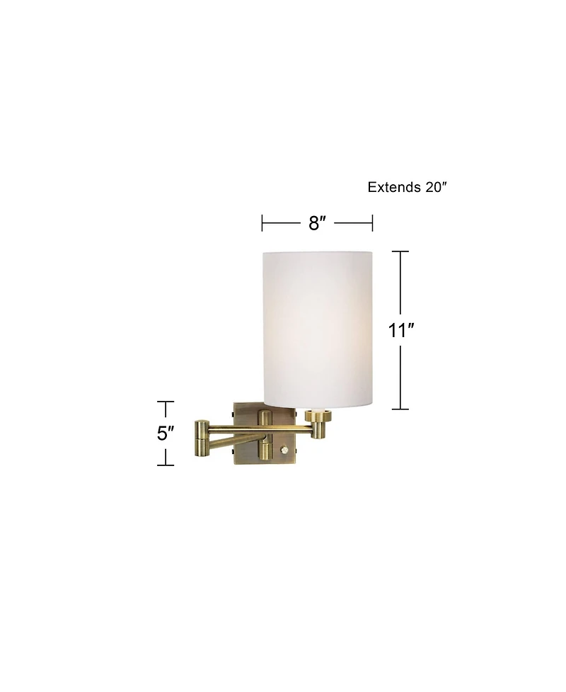 Barnes and Ivy Modern Swing Arm Wall Lamp with Cord Cover Antique Brass Plug-In Light Fixture White Cotton Cylinder Shade Bedroom