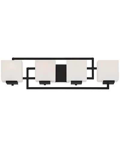 Possini Euro Design Modern Wall Light Black Hardwire 29" 4-Light Fixture White Rectangular Glass Shade for Bathroom Vanity Home