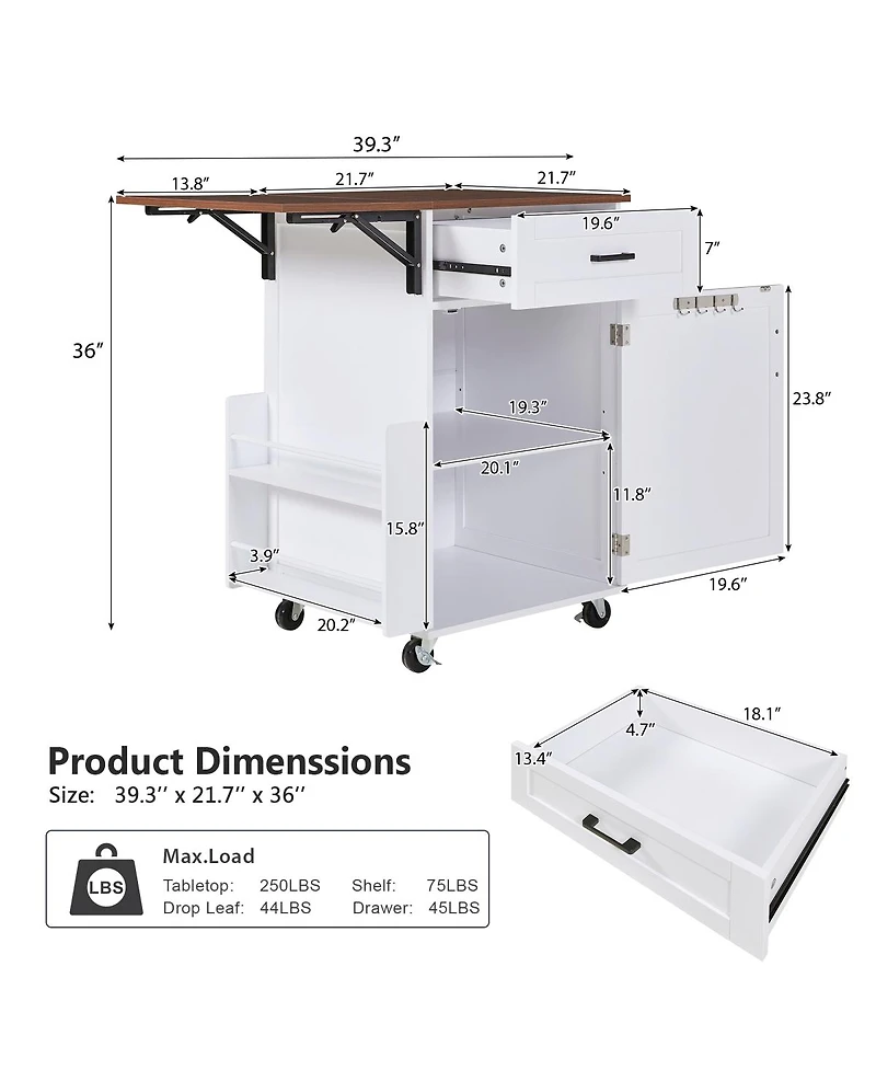 Streamdale Furniture Farmhouse Kitchen Island with Drop Leaf, Storage