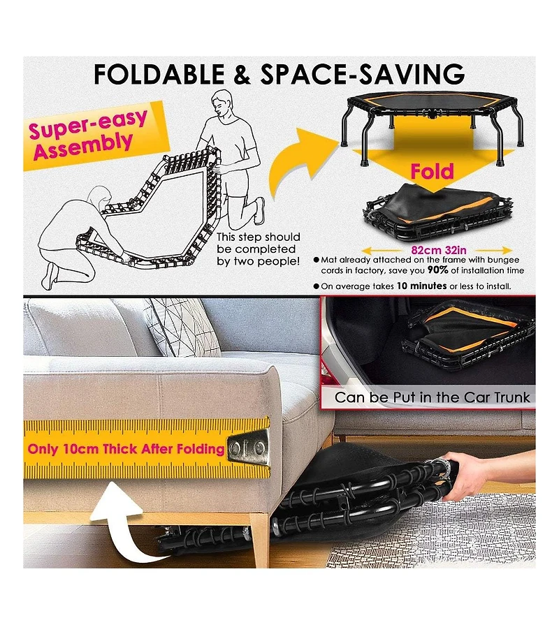 Happy Jump 50" Mini Fitness Trampoline Max. Load 250lbs Safe Silent Easy Installation