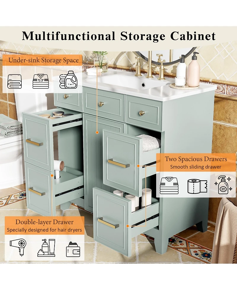 Casainc 36" Bathroom Vanity with Ceramic Sink, Green, Solid Wood Frame, Soft Close Doors, Adjustable Shelves