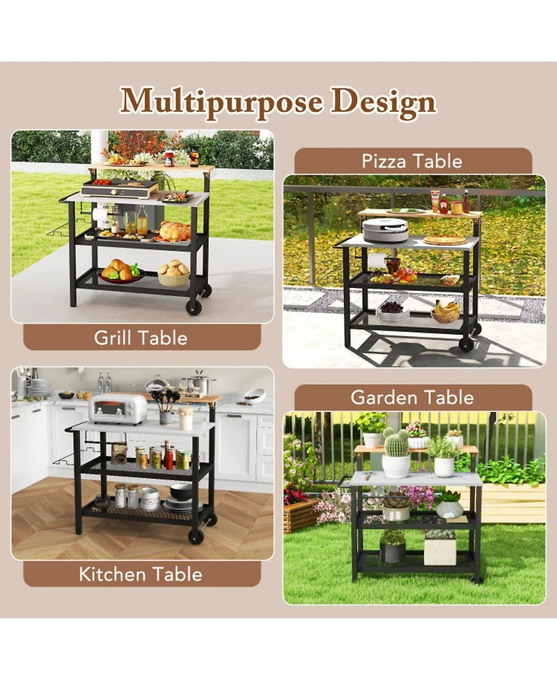Gouun Rolling 3-Tier Bar Cart with Flip-Up Table, Hooks, and Wheels