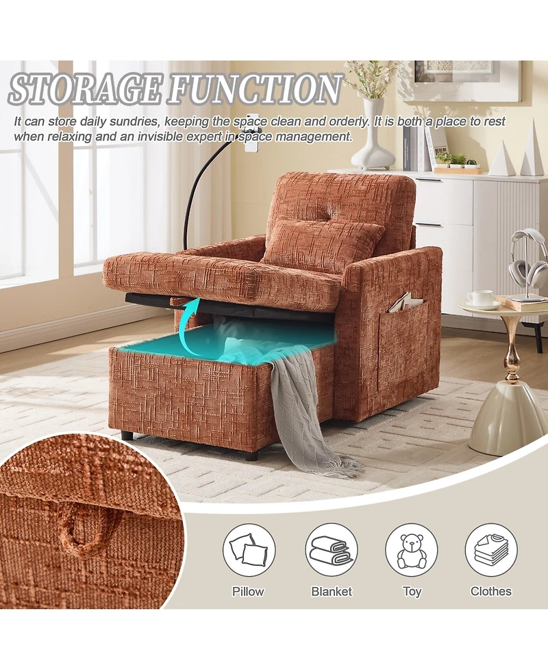 Rainsken Leisure Chenille Single Recliner Chair, Lazy Lounge Sofa with Storage, Side Pockets and Phone Holder for Living Room