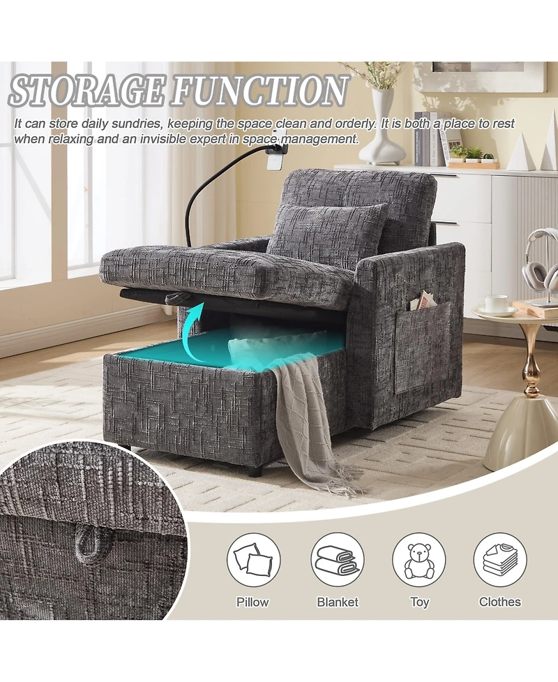Rainsken Lazy Reclining Lounge Chair, Chenille Upholstered Single Sofa with Storage, Phone Holder and Side Pockets for Bedroom, Living Room