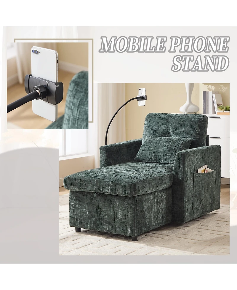 Rainsken Cozy Lazy Sofa Recliner Chair, Soft Chenille Upholstered Single Lounge with Storage, Side Pockets and Phone Holder for Living Room