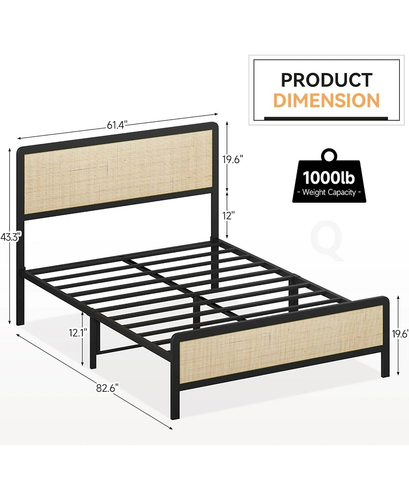 gaomon Rattan Bed Frame,Boho Bed Frame With Rattan Headboard & Footboard,Sturdy Metal Platform Bed Frame With Noise-Free Design