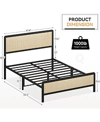 gaomon Rattan Bed Frame,Boho Bed Frame With Rattan Headboard & Footboard,Sturdy Metal Platform Bed Frame With Noise-Free Design