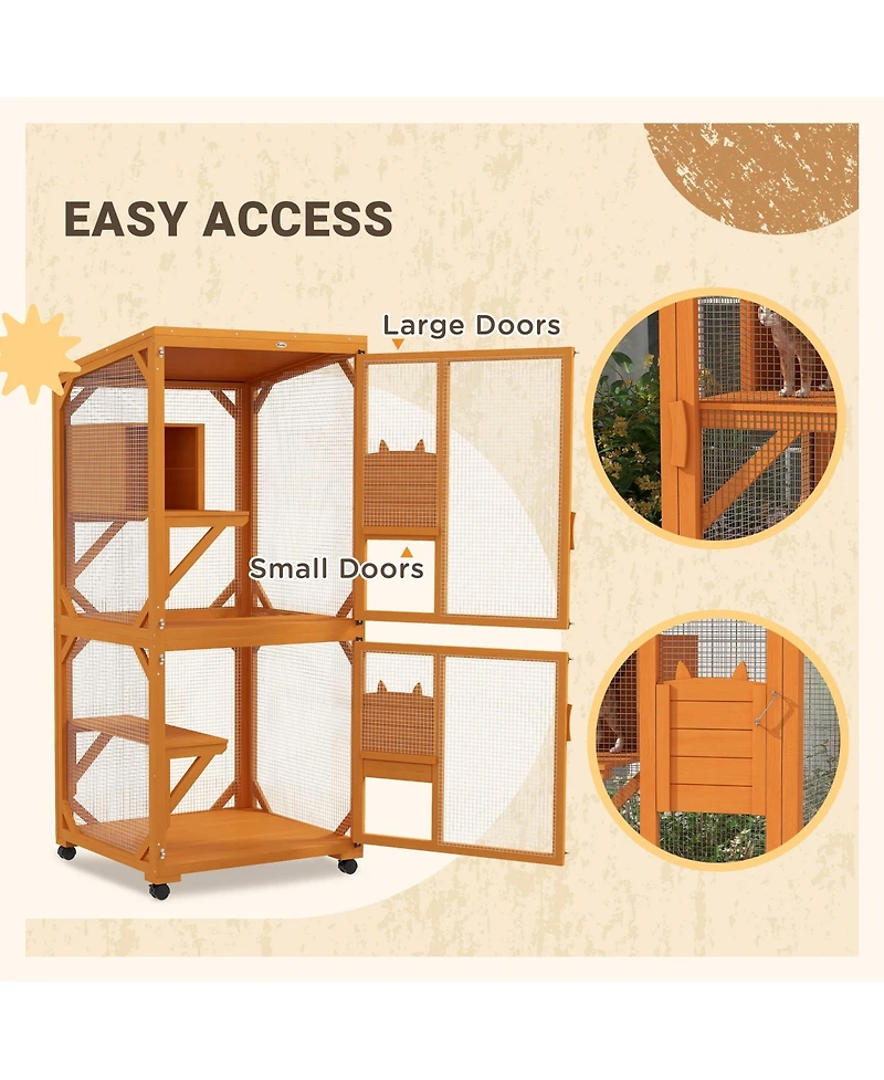 Zeus & Ruta Large Cat Haven with Elevated Sleeping Platform, 71" Wooden Frame with Asphalt Roof, Indoor/Outdoor Enclosure with Wheels
