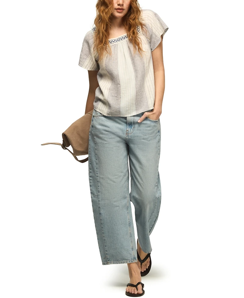 Lucky Brand Women's Striped Square Neck Embroidered Top