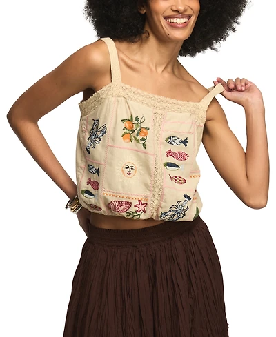 Lucky Brand Women's Ocean Embroidered Square Neck Bubble Top