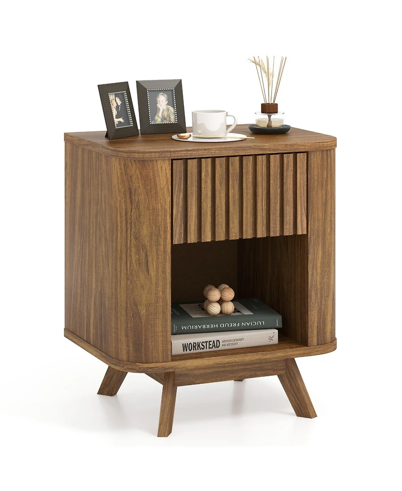 sumyeg Mid-century Wood Nightstand with Drawer and Open Shelf