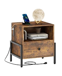 sumyeg Nightstand with Charging Station and Drawer Sofa Side Table