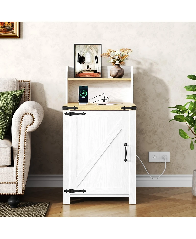 sumyeg Nightstand with Charging Station, 18" Farmhouse End Table with Barn Door and Adjustable Shelf