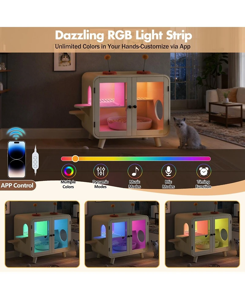 6thdruple Cat Pet House with Rgb Led Light, Glass Doors, Stairs, Hidden Litter Box Cabinet