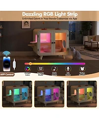 6thdruple Cat Pet House with Rgb Led Light, Glass Doors, Stairs, Hidden Litter Box Cabinet